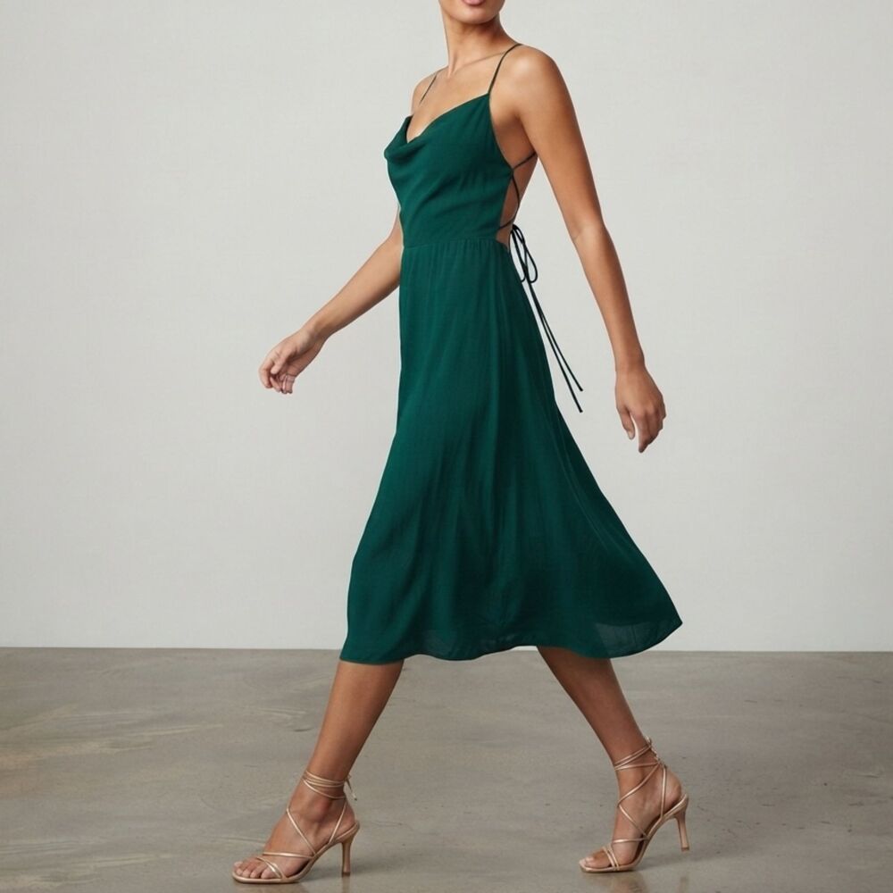 Reformation Emerald Green Backless Cowl Neck Midi Dress XS Made in USA
